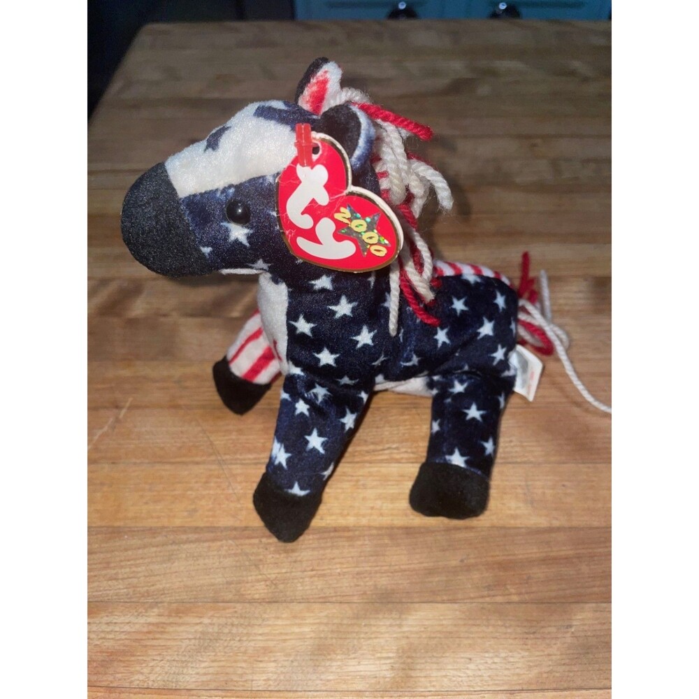 Vintage 2000 Patriotic Ty Beanie Baby Lefty 2000 Donkey Stars and Stripes w/Tag